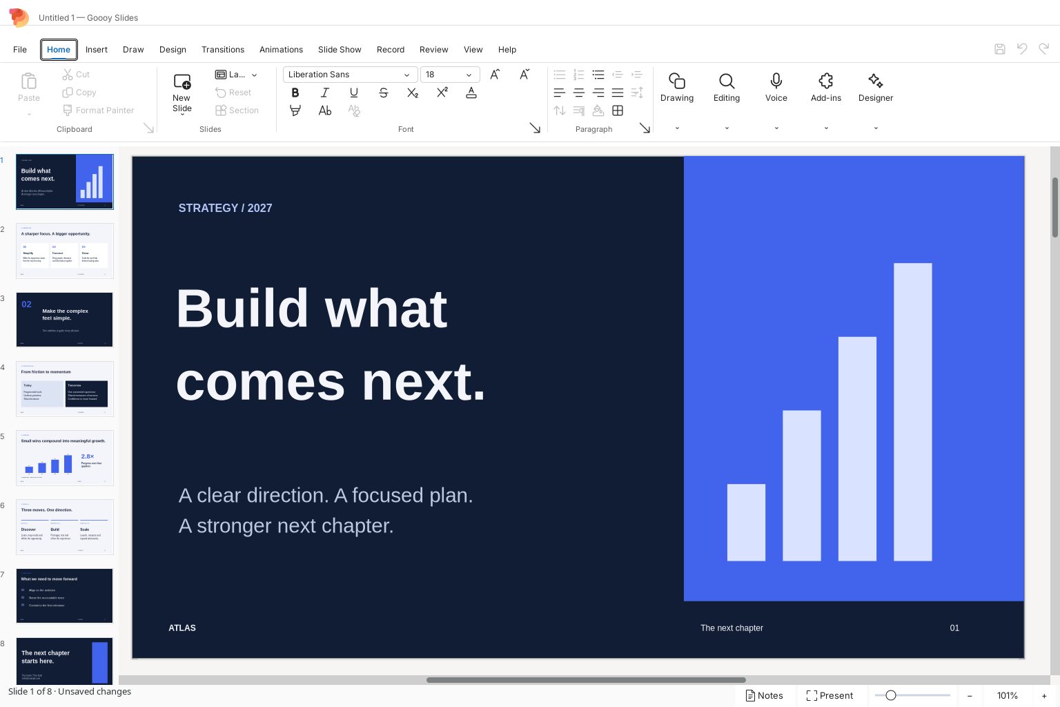 Slides. Goooy desktop app on Linux. English interface with sample content.