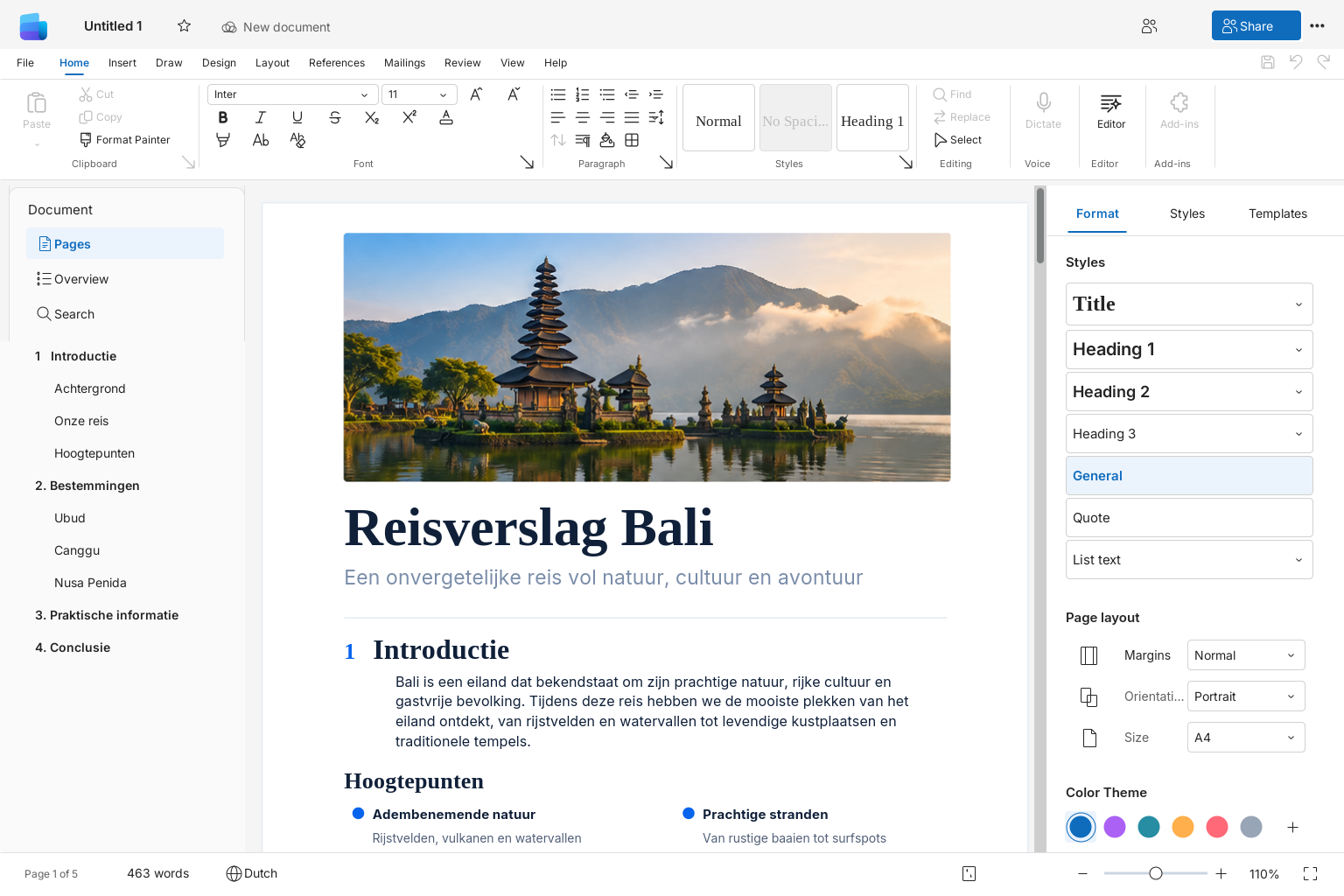 Writer. Goooy desktop app on Linux. English interface with sample content.